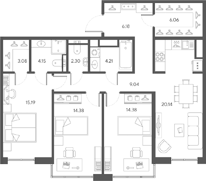 3-комнатная квартира 99.11 м², 7/9 эт., ЖК «LEGENDA Большой 67»